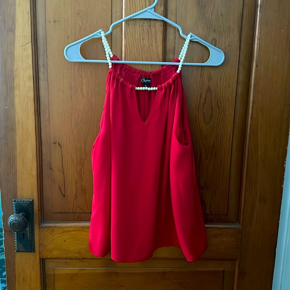 Red silk tank top with white pearl neckline